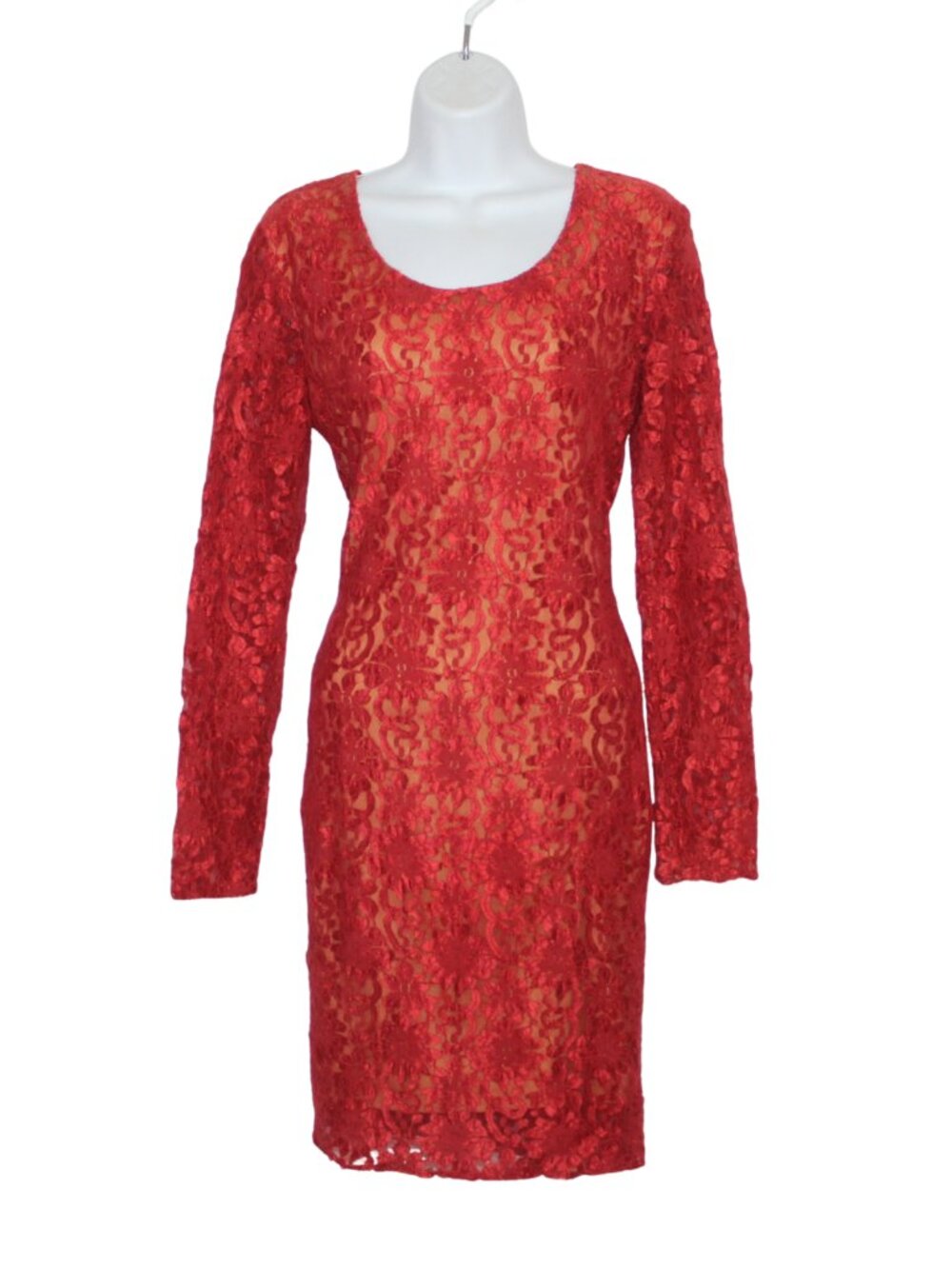 Vtg 90s women's dress size L red nude illusion long sleeve tight fitting flapper